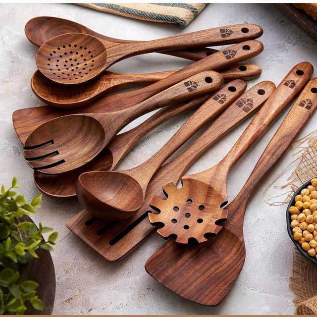 Wooden Spoons for Cooking – 10 Pc Teak Wood Utensil Set, Durable, Nonstick Safe & Heat Resistant with Ergonomic Handles