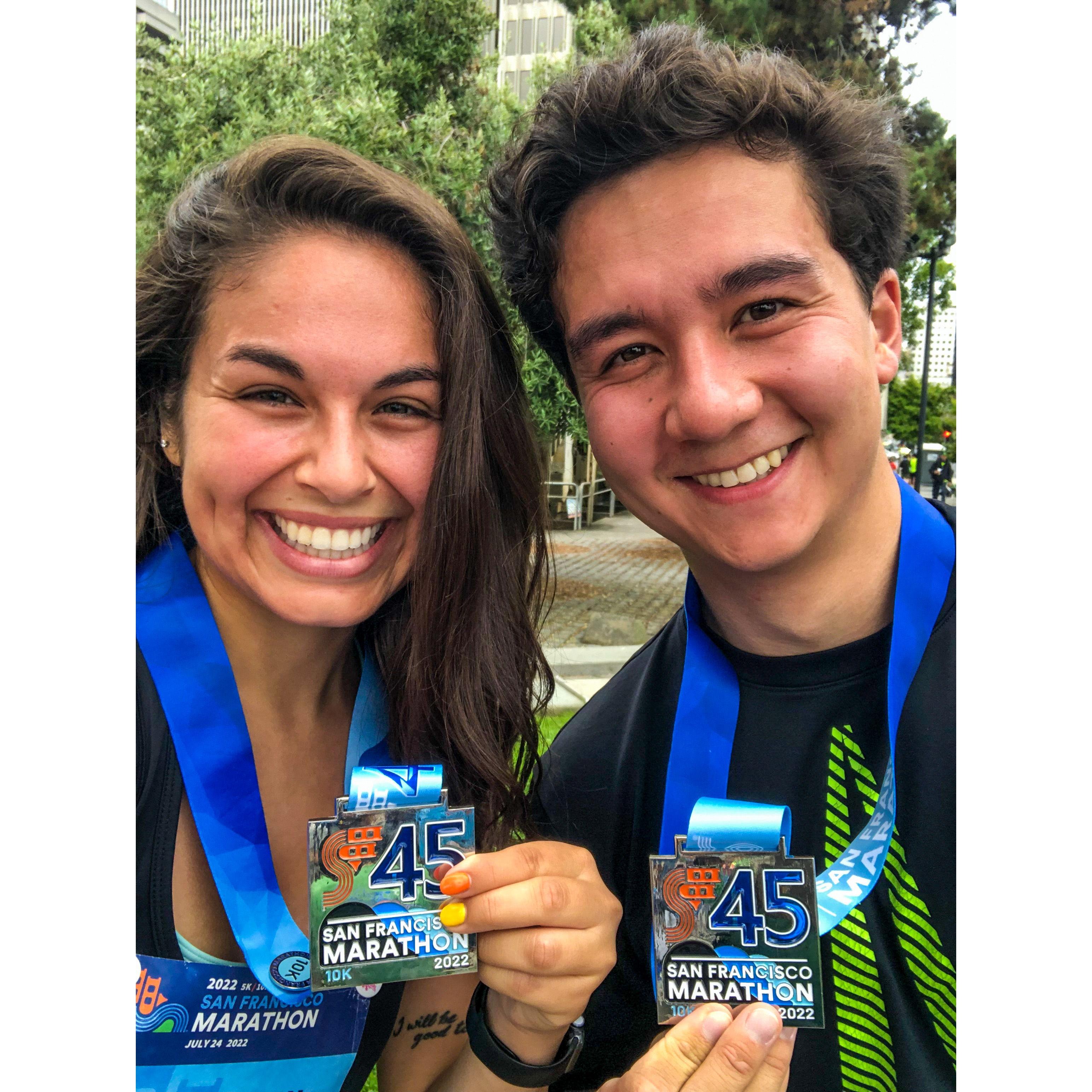 Our first race (10k) in 2022! FF: We will be running the San Francisco Half Marathon 1 week before we say "I do."