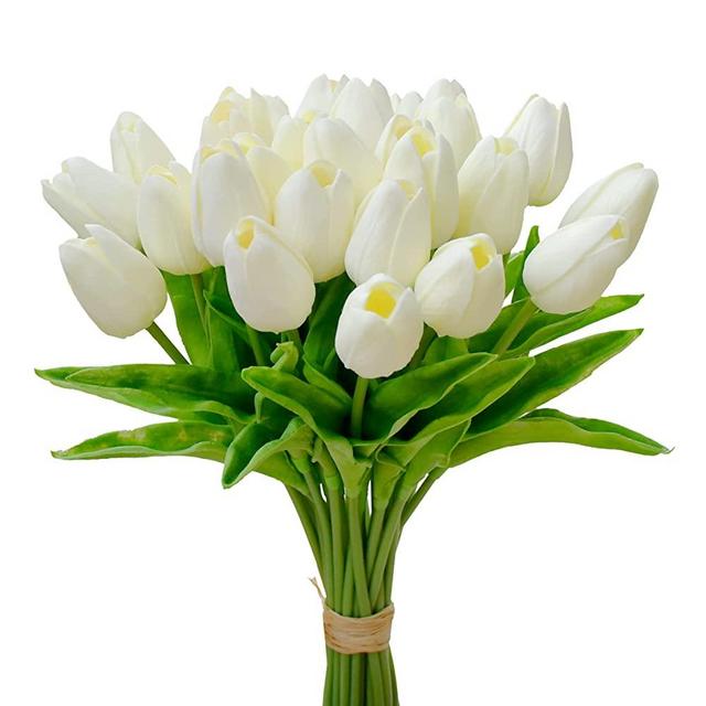 Mandy's 28pcs Cream Artificial Tulip Silk Flowers 13.5" for Home Kitchen Wedding Decorations