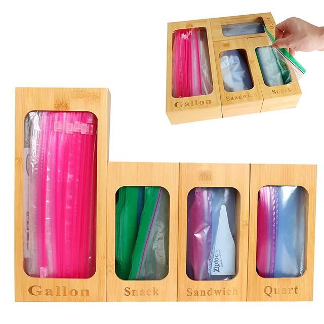 SOGUAOLO Ziplock Bag Storage Organizer for Kitchen Drawer, Bamboo Ziplock Baggie Dispenser Holder, Compatible with Most Brands Gallon Bag, Quart Bag, Sandwich Bag, Snack Bag,Variety Size Bags (4 Piece Set)