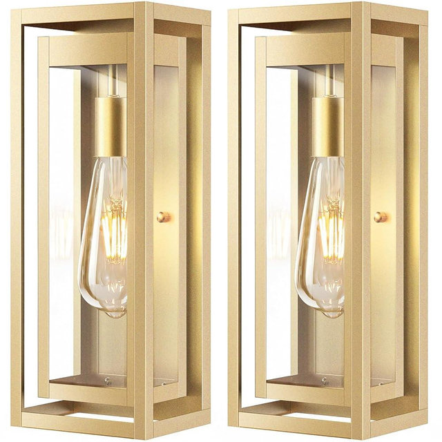 Slypadan 15" Large Gold Outdoor Light Fixture Wall Mount, 2 Pack Waterproof Outdoor Sconces, Modern Wall Lights with Clear Glass Shade for Front Door, Porch, Garage