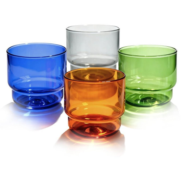 ELEMENT LABS Retro Colored Double Old-Fashioned Glasses Set 10oz Stackable Drinking Glasses for Cocktails Mixology Espresso Cups Party Hosting Modern Barware Gift Dishwasher Safe