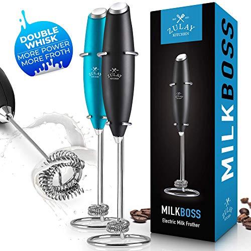 NEW DOUBLE WHISK, MORE POWER, MORE FROTH Milk Boss Milk Frother - Handheld Frother Whisk - High Powered Milk Foamer Frother Mini Blender for Coffee, Bulletproof® Coffee, Cappuccino, Frappe, Matcha, Hot Chocolate by Zulay (Matte Black)