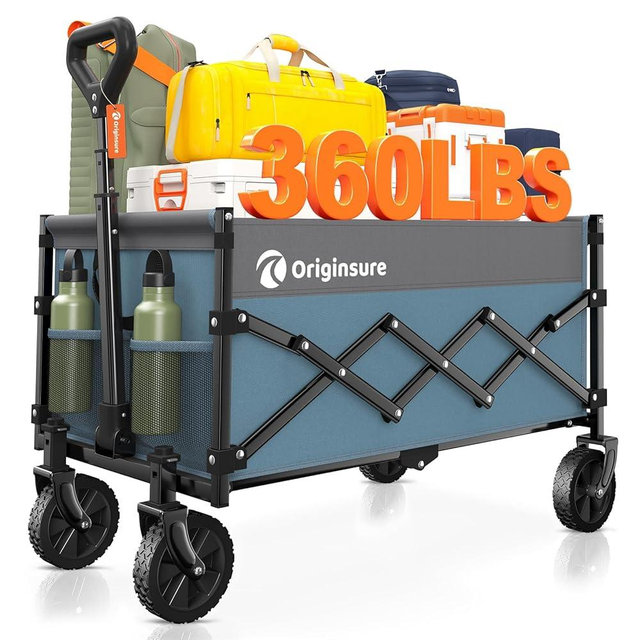 Originsure Collapsible Wagon Cart Foldable - Lightweight Portable Heavy Duty Folding Beach Wagons with Wheels - Outdoor Utility Carts for Grocery, Camping, Shopping with Large Capacity - Grey&Blue