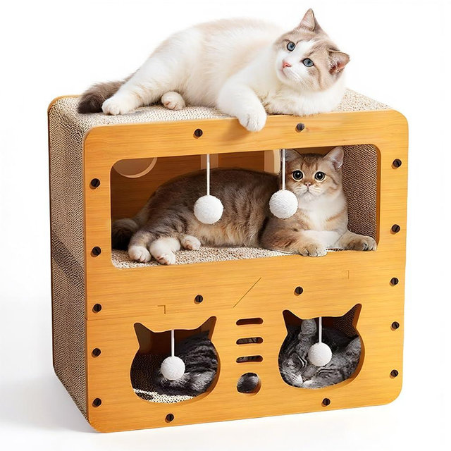 Cat Beds for Indoor Cats，Wooden Cat Scratcher House & Cardboard Condos，Covered Bedsure Kitten Bed Cave Furniture，Cute Playhouse Box，Large Size，Suitable for Cats up to 15 lbs