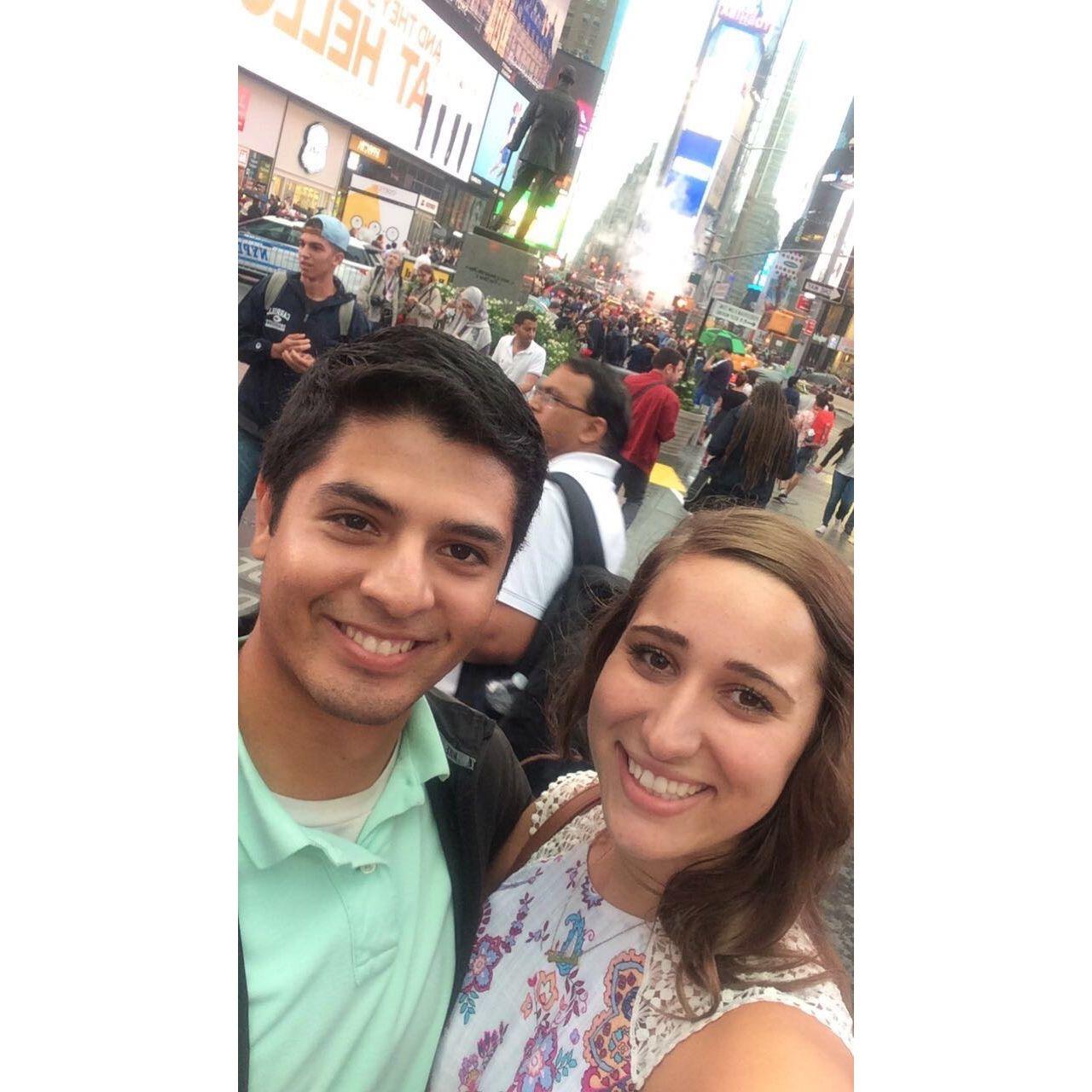 Summer 2017 - While Aubrey was interning in New York City for the summer, Ozzie planned a weekend surprise trip to come visit her! This was the moment they first found each other in Times Square.