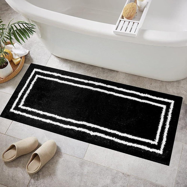 Uphome Runner Rug for Bathroom, 18x47 Modern Black and White Long Bathroom Rug Non Slip Washable, Soft Microfiber Absorbent Bath Mat Runner for Tub, Shower, Floor, Sink