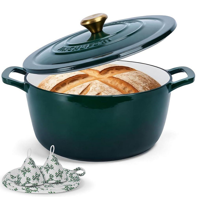 JINCHUFURI Enameled Cast Iron Dutch Oven with Lid – 5QT Heavy-Duty Pot, Oven Safe up to 500°F, Dual Handles, Ideal for Sourdough Bread Baking, Stews, Roasting, Braising – All Cooktops, Durable & Versatile Cookware (Green)