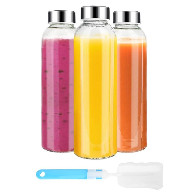 Luxfuel Clear Glass Bottles with Lids 18 oz, Reusable Glass Water Bottles with Stainless Steel Cap for Juicing,Refrigerator,100% Leak Proof, BPA Free,Glass Juice Bottles Set of 3