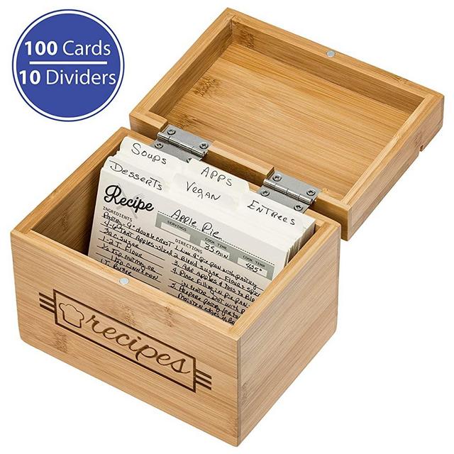 Recipe Box with Cards and Dividers, 100 Cards, 10 Dividers, and Recipe Holder - 4x6 Recipe Cards and Dividers Included | Eco Friendly Bamboo Wood | Lovely Design | Recipe Card Organizer Storage Box