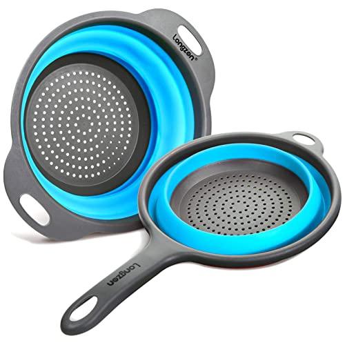 Longzon Collapsible Silicone Colanders and Strainers [2 Piece Set], Diameter Sizes 8'' - 2 Quart and 9.5" - 3 Quart, Pasta Vegetable/Fruit Kitchen Mesh Strainers with Extendable Handles Blue and Grey