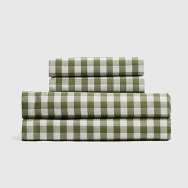 Quince: Classic Organic Percale Gingham Fitted Sheet Set