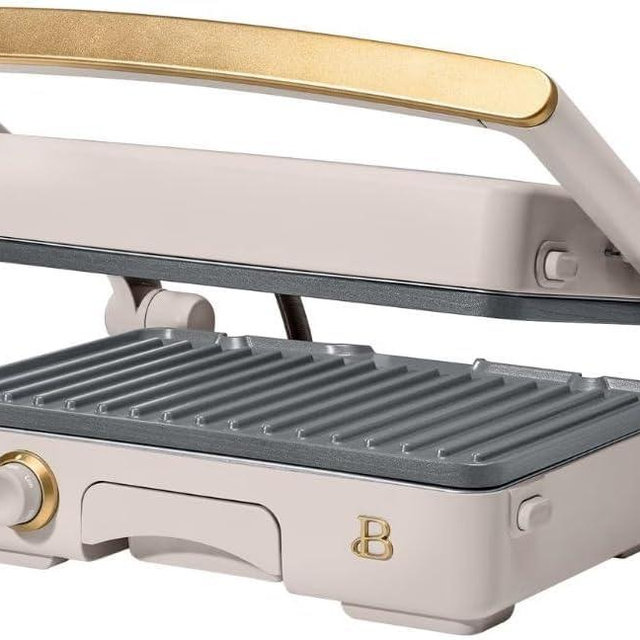 Panini Press Indoor Grill 1 2-in-1200W Non-Stick Removable Plates Sandwich Maker by Drew Barrymoree. (Porcini Taupe)