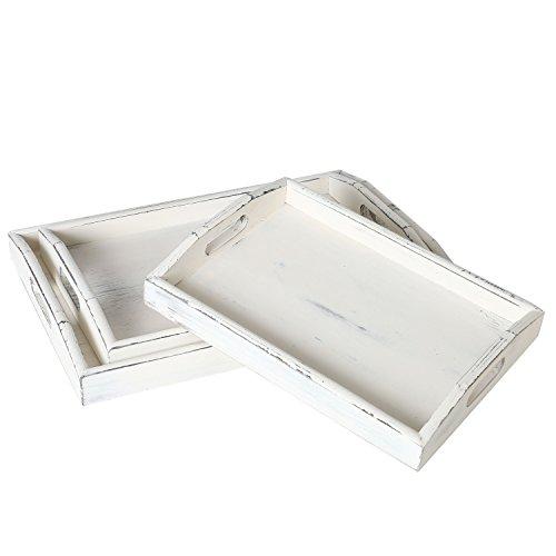 MyGift Vintage Rustic White Wood Nesting Serving Trays with Oval Cutout Handles, Set of 3