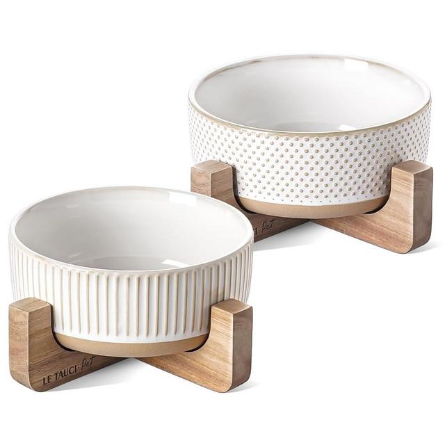 LE TAUCI Dog Bowl for Small Medium Size Dogs, 4 Cups Ceramic Dog Food Bowl, Dog Feeding Bowls with Wood Stand, Cute Pet Bowls, Dog Dishes, Set of 2, Lines+Dot