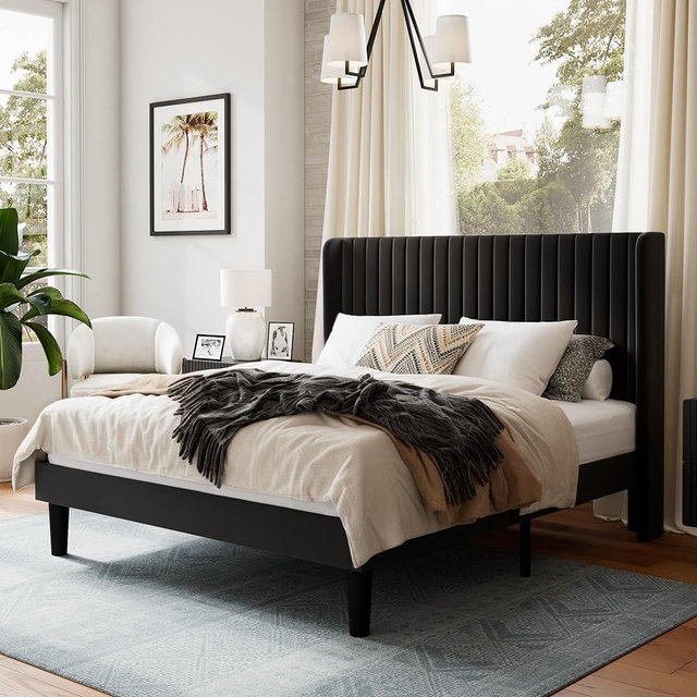 SHA CERLIN Queen Size Velvet Bed Frame with Vertical Channel Tufted Wingback Headboard, Upholstered Platform Bed with Wood Slats, No Box Spring Needed, Easy Assembly, Black