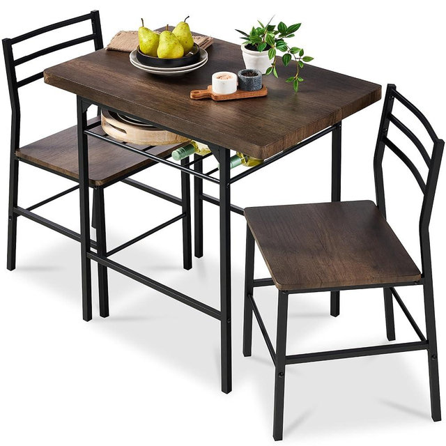 Best Choice Products 3-Piece Modern Dining Set, Space Saving Dinette for Kitchen, Dining Room, Small Space w/Steel Frame, Built-in Storage Rack - Dark Brown/Black