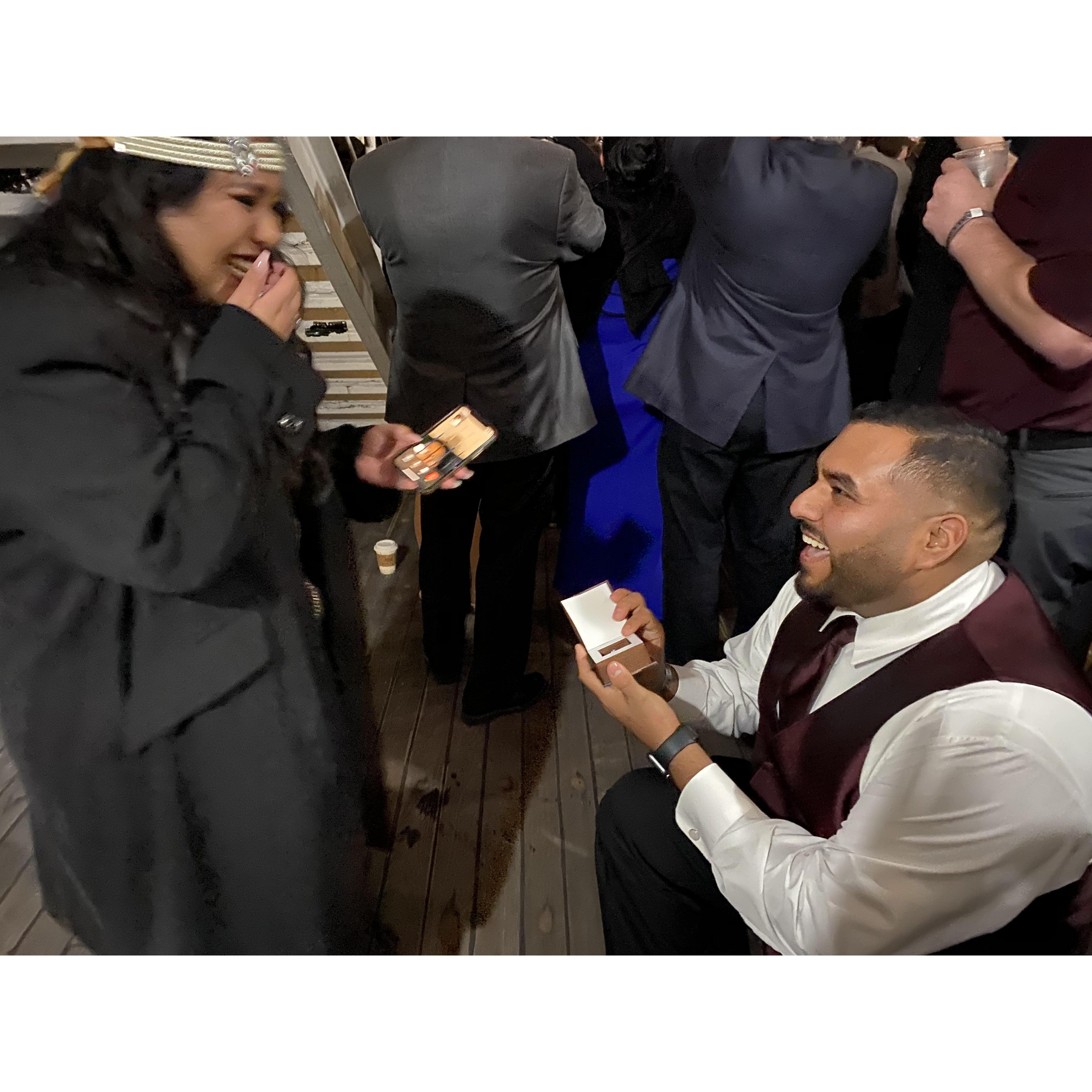 Finally..... After 6 years of dating and 12 years of knowing each other he finally proposed!! On New Years aboard the Queen Mary