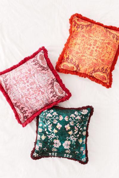 Printed Velvet Fringe Throw Pillow (Rose Jade)