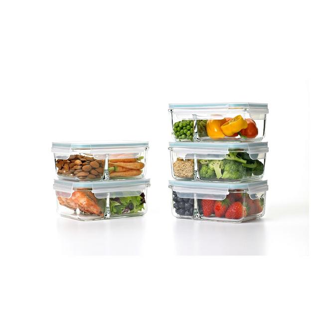 Glasslock Duo 5 Piece Clear Tempered Glass Microwave, Dishwasher, Freezer, and Fridge Safe Divided Food Storage Containers with BPA Free Plastic Lids