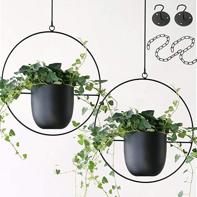 2 Pcs Hanging Planters with Hooks and Chains, Black