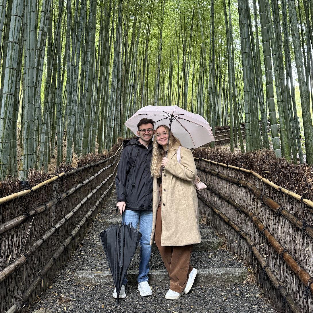 Taken in a bamboo forest in Kyoto, Japan by a very nice couple from Italy!