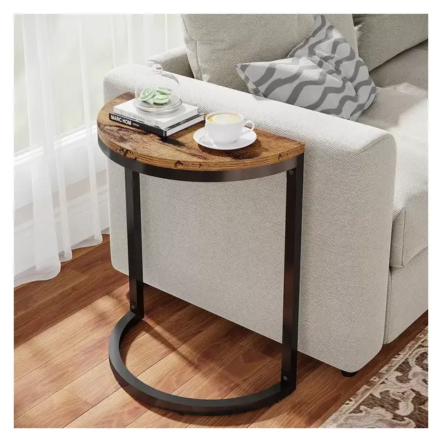 Hommoo Half Round 1-Tier End Table, Narrow Side Table with Metal Frame Rustic & Black