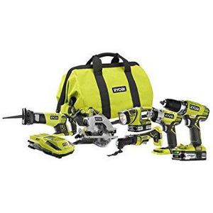 Ryobi P884 One+ Combination Lithium Ion Cordless Power Tool Set (6 x Power Tools, 2 x Compact Lithium Ion Batteries, 1 x Charger, 1 x Contractor's Bag)