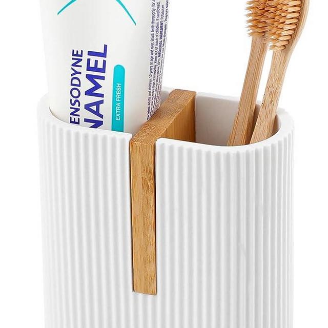 rejomiik Matte White Toothbrush Holders Electric Toothbrush Holder for Bathrooms, Bamboo Tooth Brushing and Toothpaste Storage Organizer for Sink, Countertop