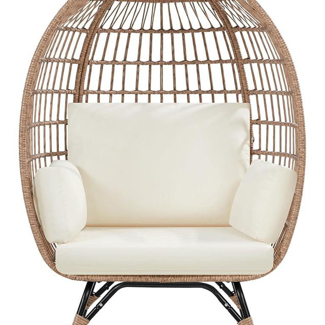 Yaheetech Egg Rattan Chair, Indoor/Outdoor PE Rattan Egg Basket Lounge Chair w/ 4 Cushions, Oversized Egg-shaped Chair w/Metal Frame Stand for Patio, Backyard, Living Room - Light Brown/Ivory