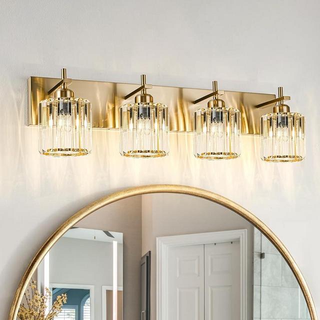 HUOKU Modern Crystal Bathroom Vanity Lights, Gold 4-Lights Bathroom Light Fixtures Over Mirror, Crystal Wall Lighting with Polished Gold Finish