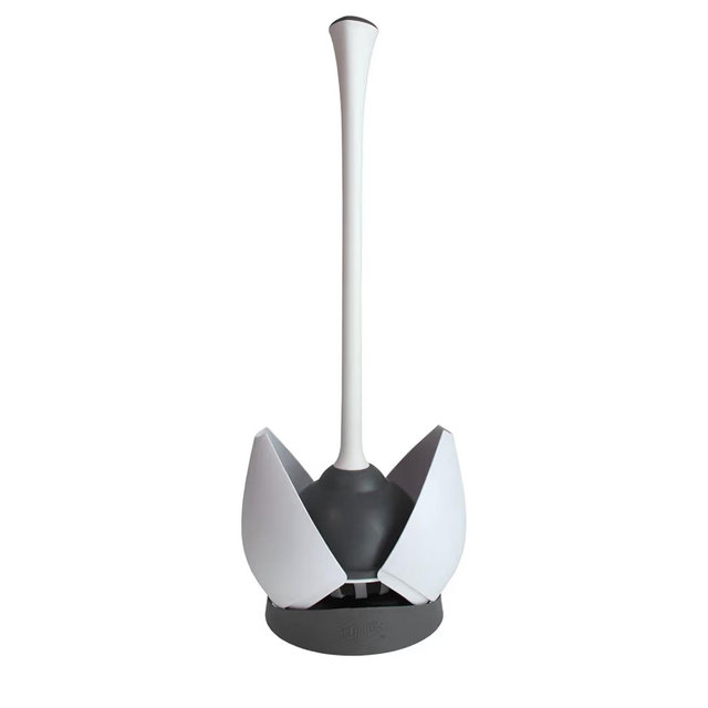 Clorox Toilet Plunger with Hideaway Holder Caddy Heavy-Duty Compact Design with Non-Skid Rubber Base for Bathroom Convenient Storage Toilet Unclogger, 6.5x19.5-Inch, White
