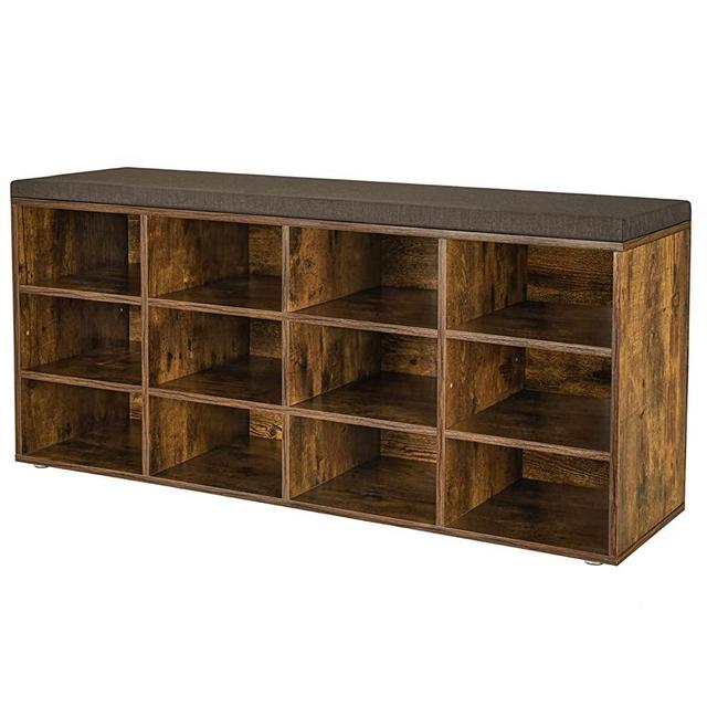 DINZI LVJ Shoe Storage Bench with Cushion, Cubby Shoe Rack with 12 Cubbies, Adjustable Shelves, Multifunctional Shoe Organizer Bench for Entryway, Mudroom, Hallway, Closet and Garage, Rustic Brown