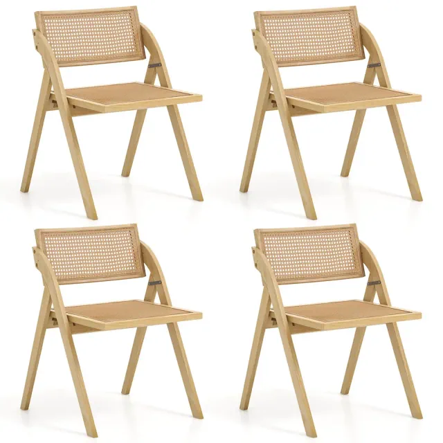 Costway Foldable Dining Chairs Set of 4 with Woven Rattan Backrest & Seat Rubber Wood Frame Natural