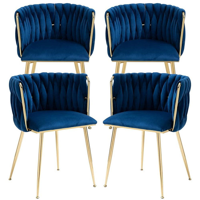 Nrizc Woven Dining Chairs Set of 4, Velvet Upholstered Dining Chairs with Gold Metal Legs, Modern Accent Chairs for Living Room, Dining Room, Kitchen (Blue)