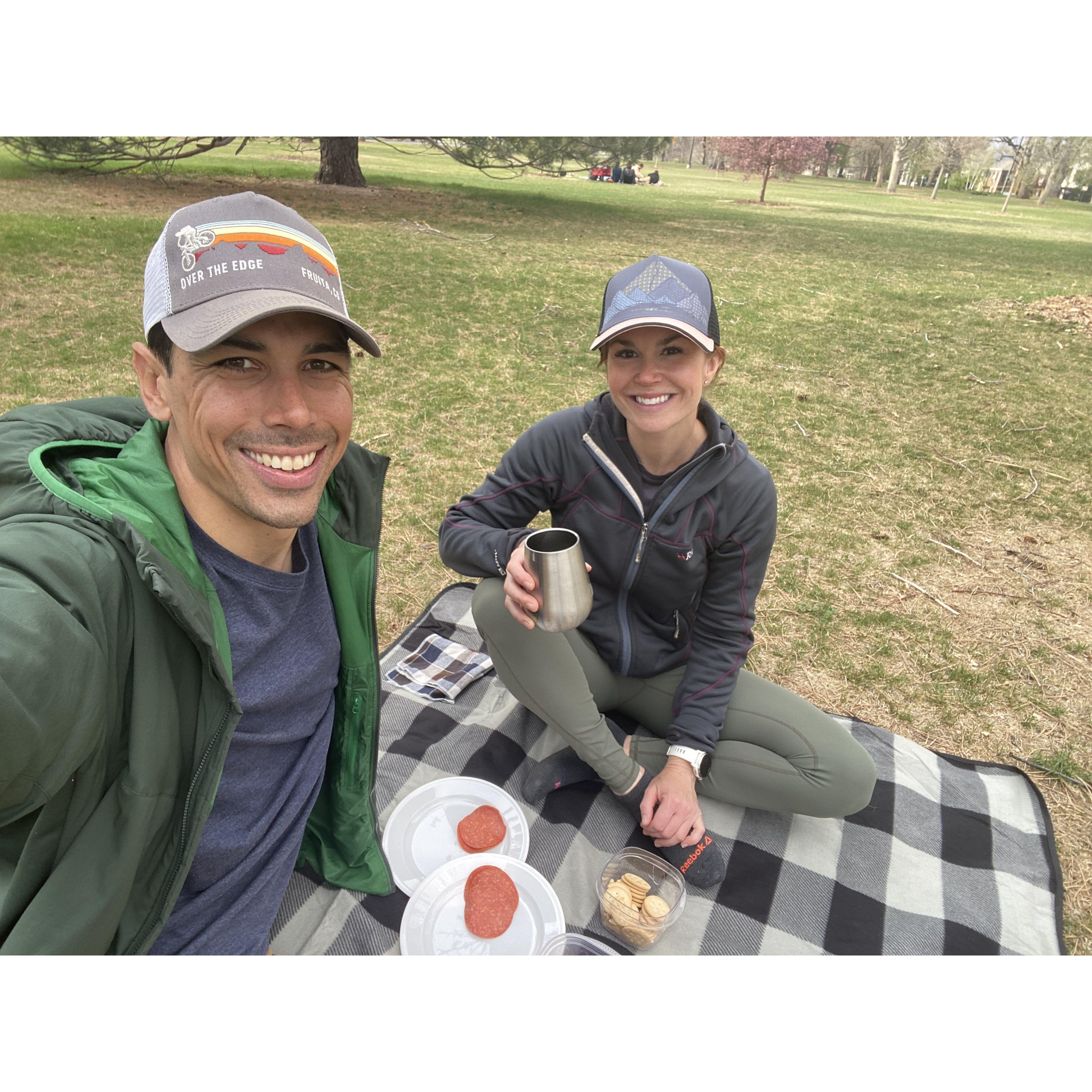 Picnicing in Wash Park. Way too cold that day!