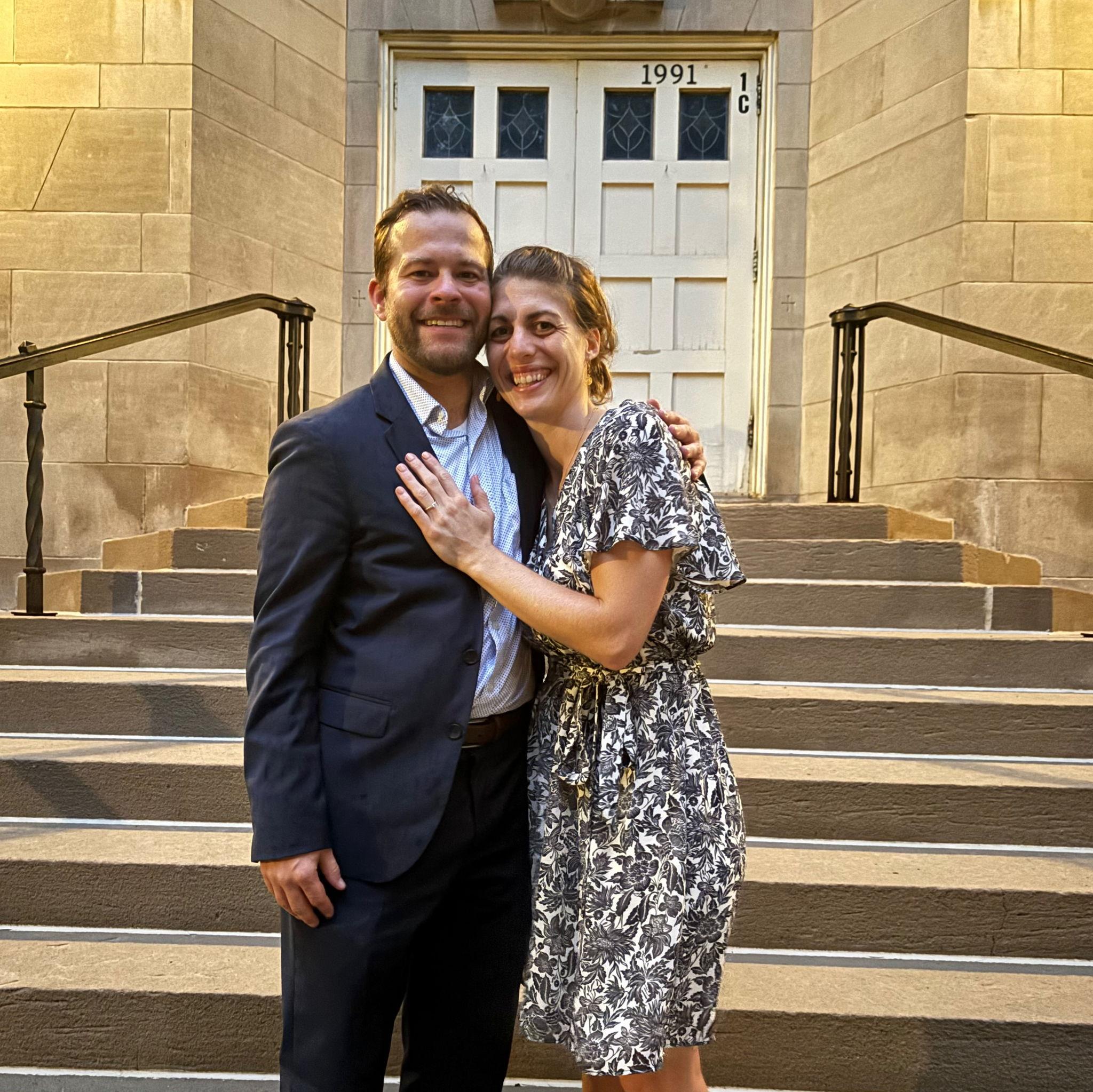 We are engaged! 08-15-25 Picture taken outside of our parish, St Mark's in St Paul