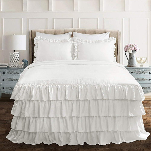 Lush Décor Lush Decor Allison Ruffle Skirt Bedspread White Vintage Chic Farmhouse Style Lightweight 3 Piece Set Queen,