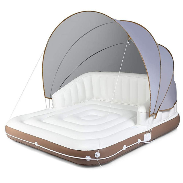 Giantex Canopy Island Inflatable Lounge, Floating Island Raft w/ High Backrest Armrest, 2 Cup Holders & Retractable Canopy, Giant Inflatable Pool Float for Pool, Lake, River, OC