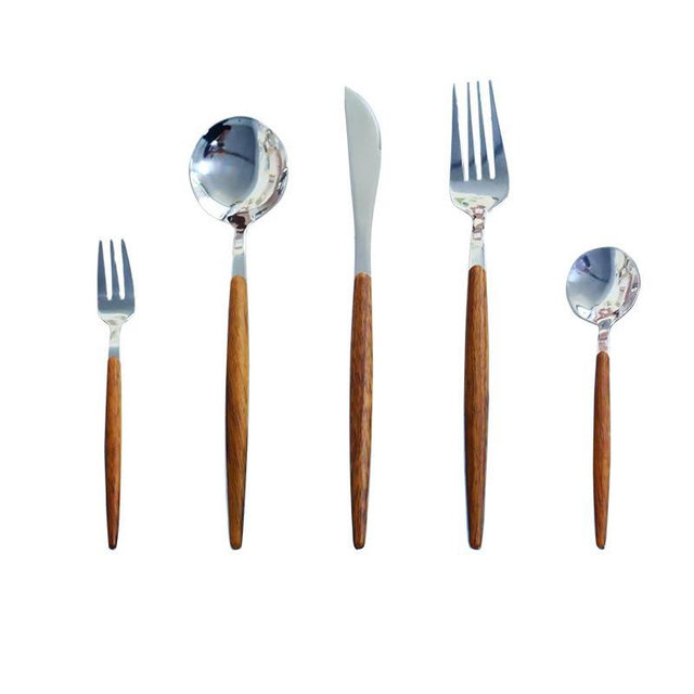 WHIERGGIN Silverware Set, 5/20/30/40 Pieces Retro Wood Grain Solid Wood Handle Stainless Steel Cutlery Set For Forks And Spoons(5 Pieces for 1)