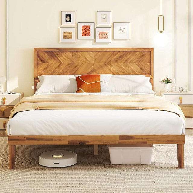 Giantex Wood Queen Bed Frame with Headboard, Solid Acacia Wood Platform Bed with 12 Strong Wooden Slat Support, Scandinavian Style Art Deco Queen Bed Frame, No Box Spring Needed, Rustic Brown
