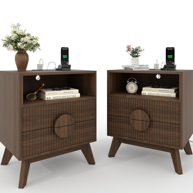 Fluted Nightstand with 2 Drawers & Open Shelf, Modern Wooden Bedside Table for Bedroom, End Table with Storage for Living Room, 2PCS Brown