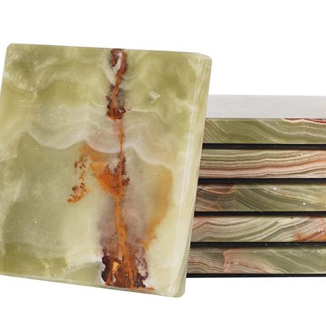 Coaster Set of 6 Green Handmade Marble 3.5 Inch Bar Drink Cup Pad, Coffee Mug Square Coasters Set for Kitchen - Ideal Pot Drinks Tea Absorbent Coaster Plates