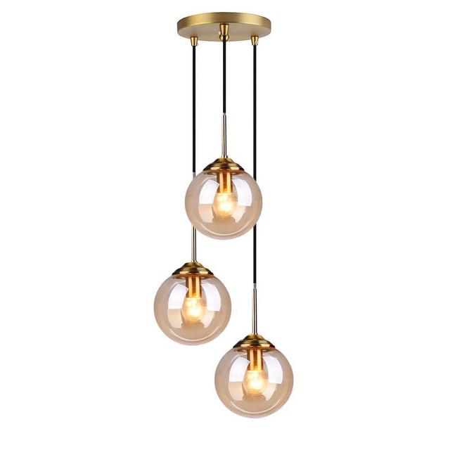 H XD GLOBAL Industrial Retro Loft 3 Way Pendant Light, Cluster Chandelier Hanging Lamp Fixture Brass Fittings with Glass Globe Lampshade (Amber)
