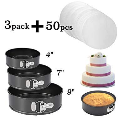Springform Pan set，Nonstick Leakproof 3pcs(4"/7"/9") Cake Pan Bakeware Cheesecake Pan with 50 Pcs Parchment Paper Liners by MASSUGAR (3)