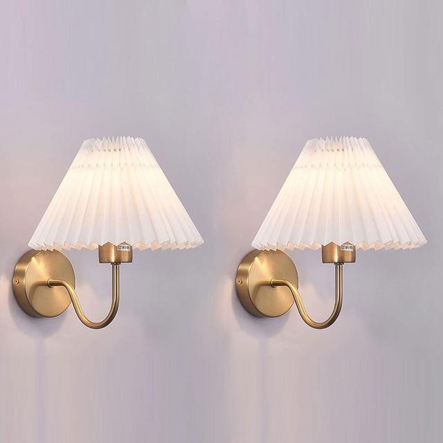 IBalody Wall Sconces Sets of 2, Pleated Fabric Wall Lamp Gold Bedside Wall Light Bathroom Dresser Vanity Light Hardwired Wall Lighting for Bedroom Living Room Hallway Kitchen