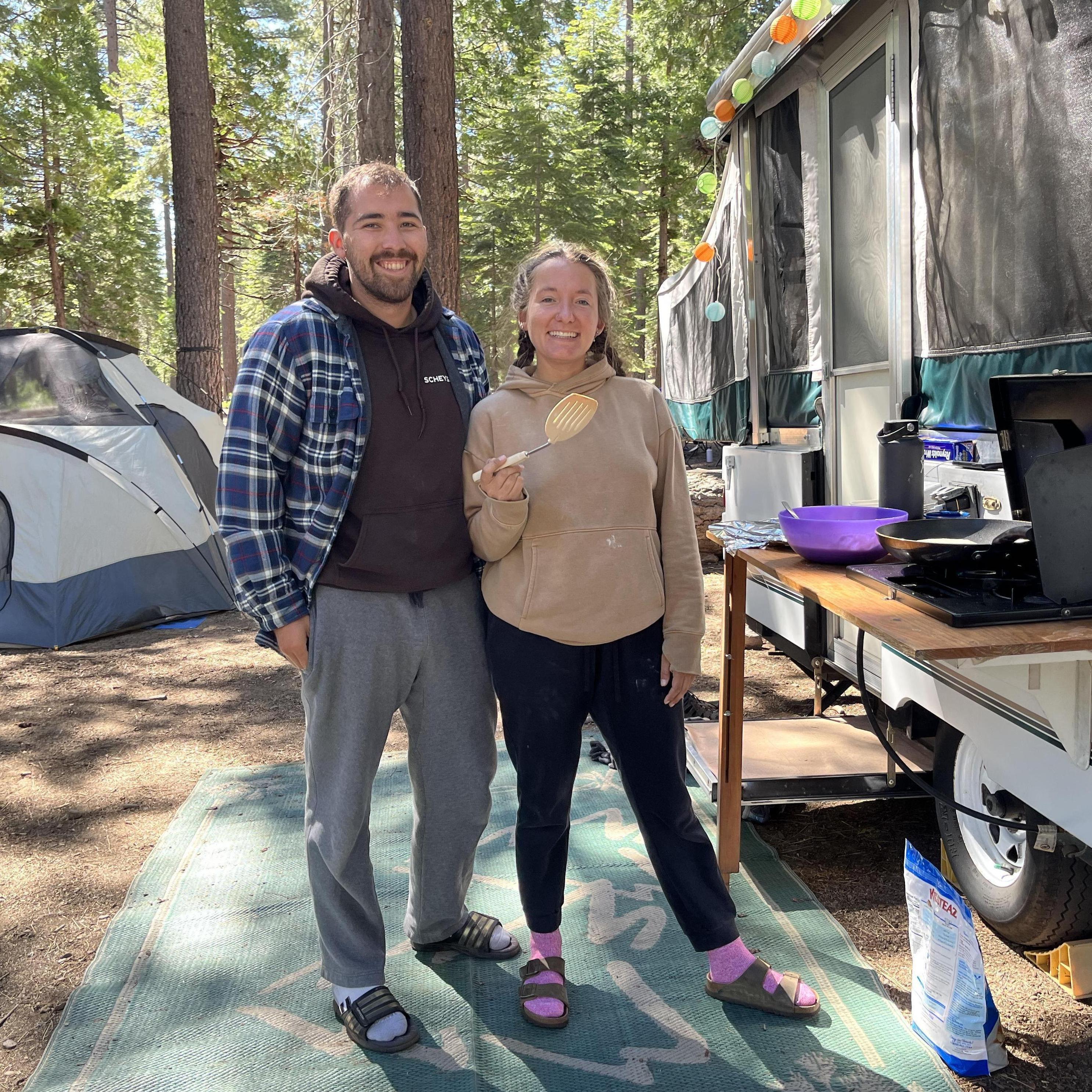 pancake making while camping at Lake Tahoe