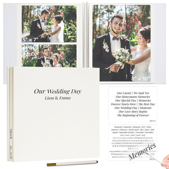 Vienrose 40 Pages Self Adhesive Photo Album with Fabric Cover and Wedding Text Crystal Stickers, Acid-Free Pages, 11"x10.7" Scrapbook Album for 4x6 Photos, Beige