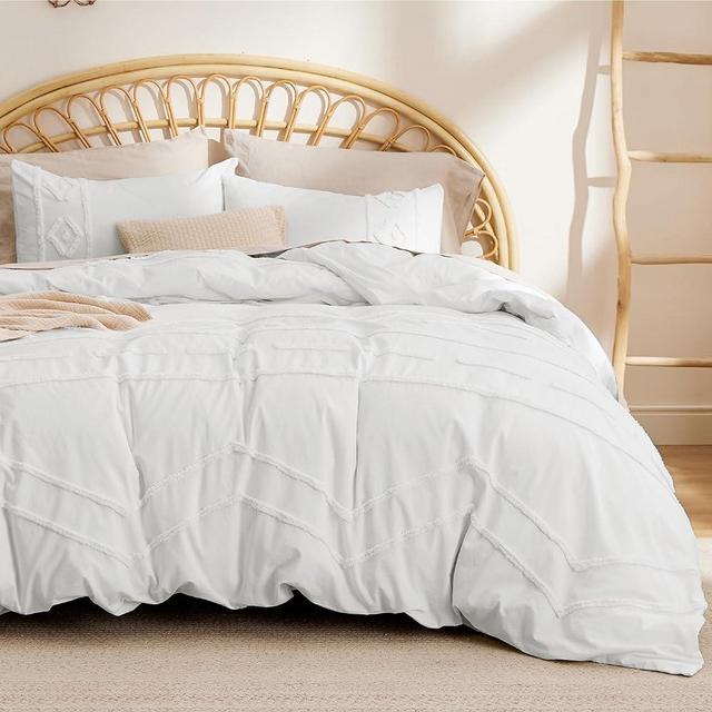 Bedsure Cotton Duvet Cover King Size - Boho Duvet Cover King Tufted Geometry Khaki Duvet Cover Set, 3-Piece Soft Shabby Chic Boho Bedding Comforter Cover for All Seasons (White, King, 104"x90")