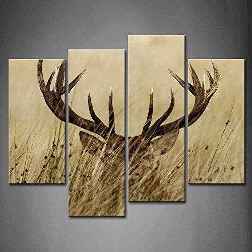 4 Panel Wall Art Deer Stag with Long Antler in The Bushes Painting The Picture Print On Canvas Animal Pictures for Home Decor Decoration Gift Piece (Stretched by Wooden Frame,Ready to Hang)